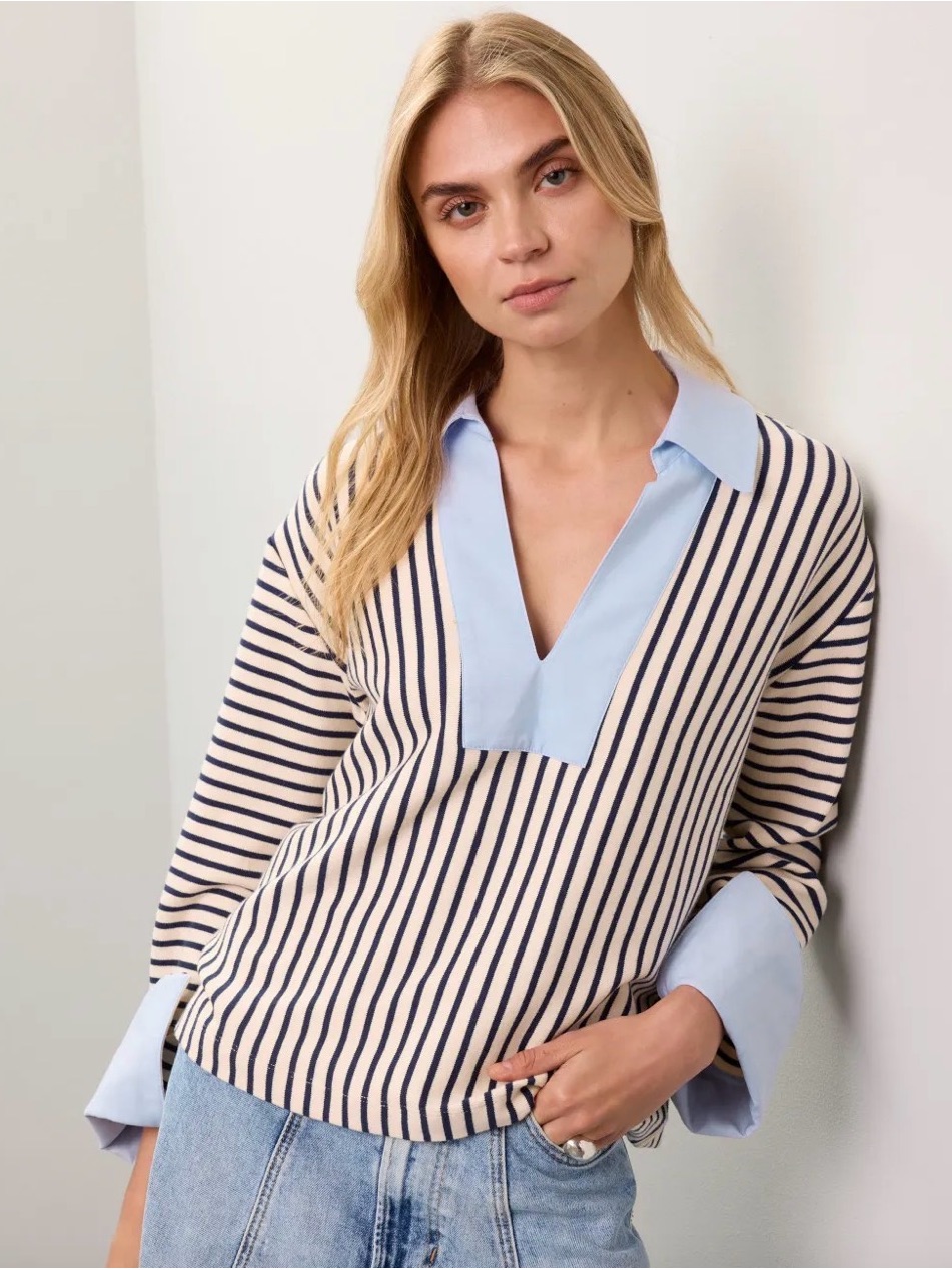 Tanya Taylor Cream And Navy Striped Knit Top With Light Blue Collar Pit Topit 19